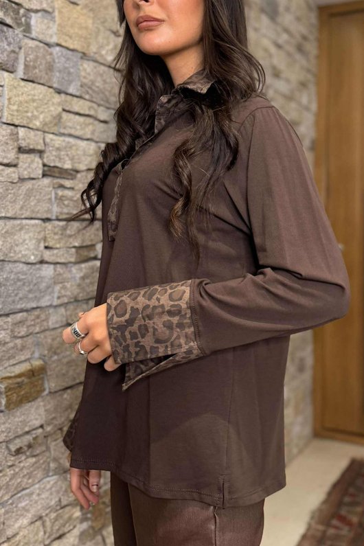 Essential Body Stretch Cotton Collar & Cuff Shirt Chocolate Leopard